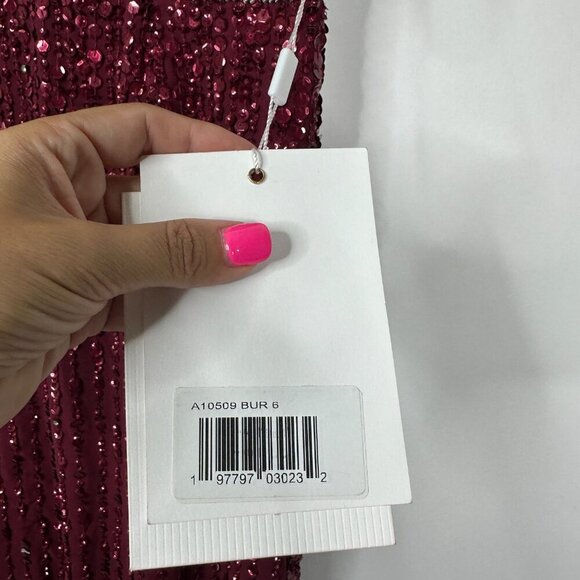 FLAW - Mac Duggal Sleeveless High Neck Beaded Midi Sheath Dress Burgundy 6 #9850 - Picture 9 of 11